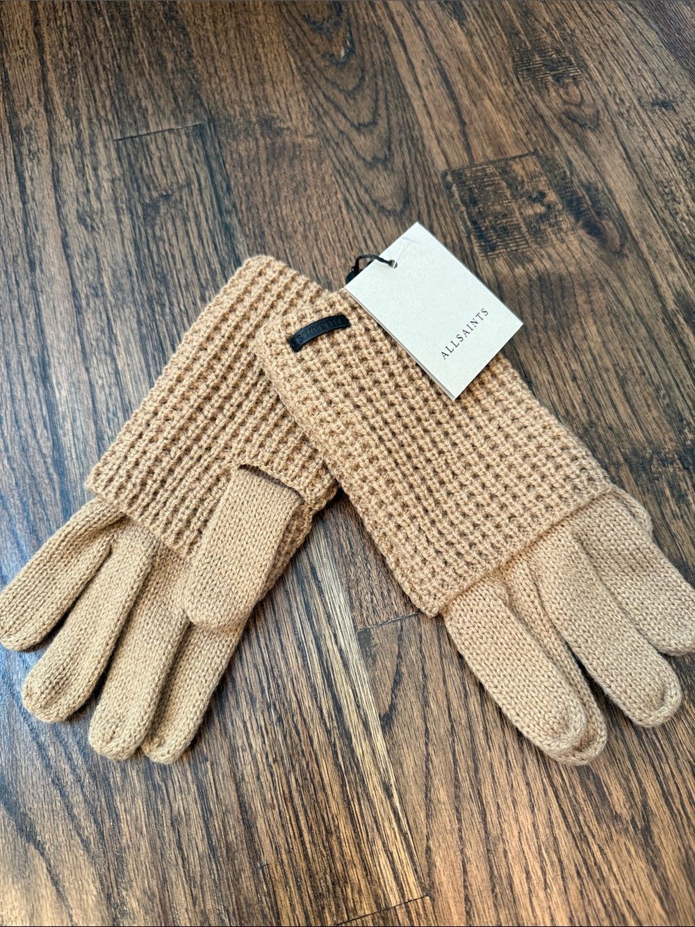 All Saints Gloves Tannin Brown Mixed Stitch Knit Wool Blend Outdoor Winter